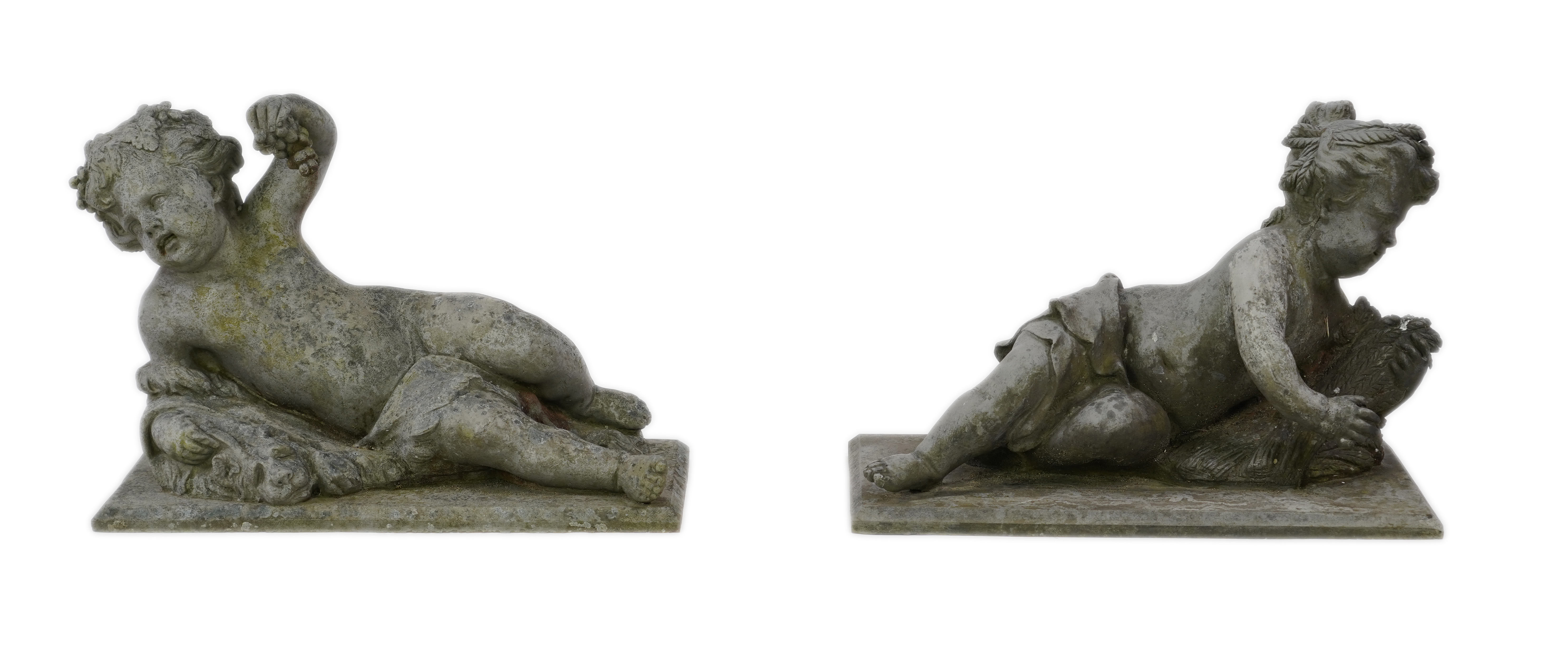 A pair of simulated lead garden sculptures, Emblematic of Summer and Autumn